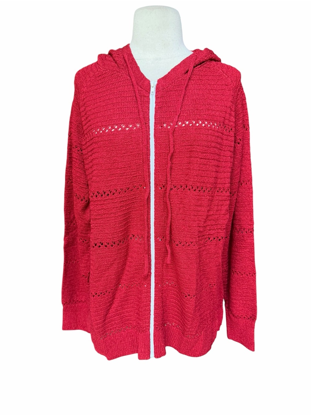 NIB Source Unknown Red Acrylic Lightweight Openwork Knit Full Zip Hoodie Cardiga